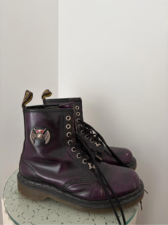 Dr. Martens Shoes - Dr. Martens Purple Leather Combat Boots with Bat Pin